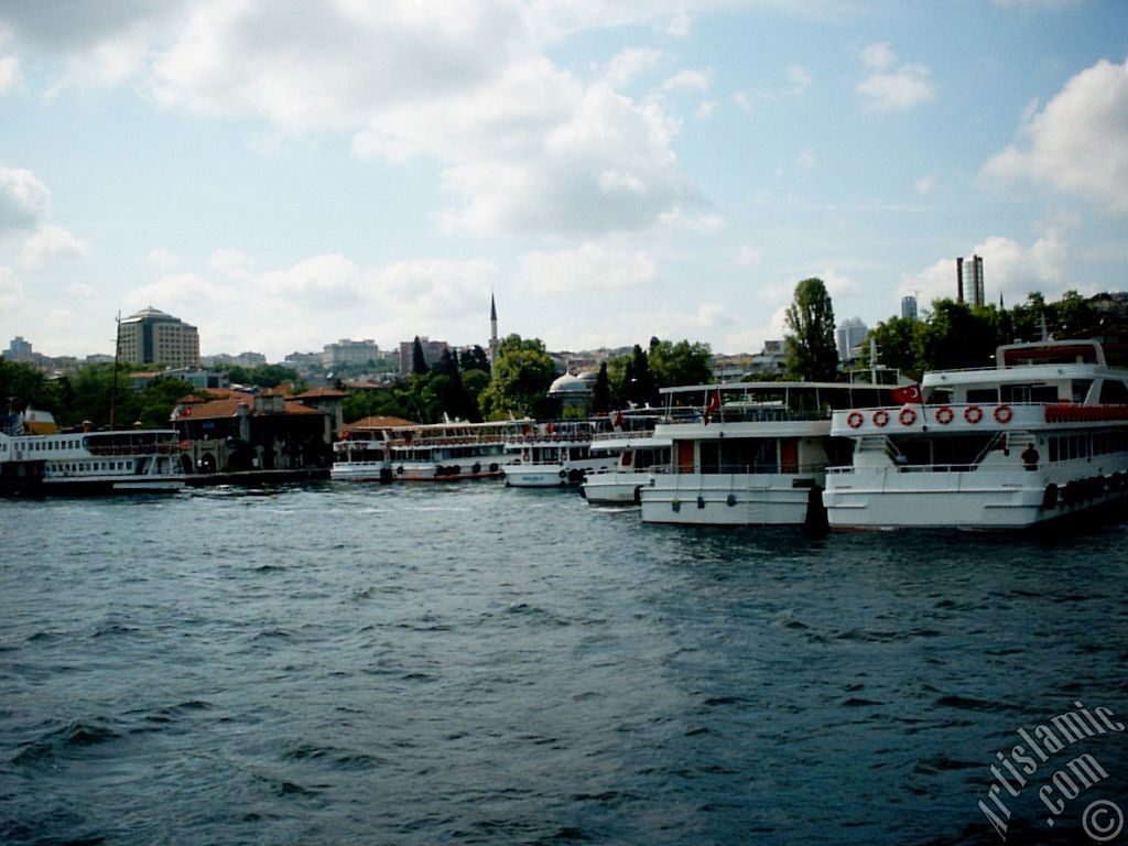 View of Besiktas jetty and Sinan Pasha Mosque its behind from the Bosphorus in Istanbul city of Turkey.
