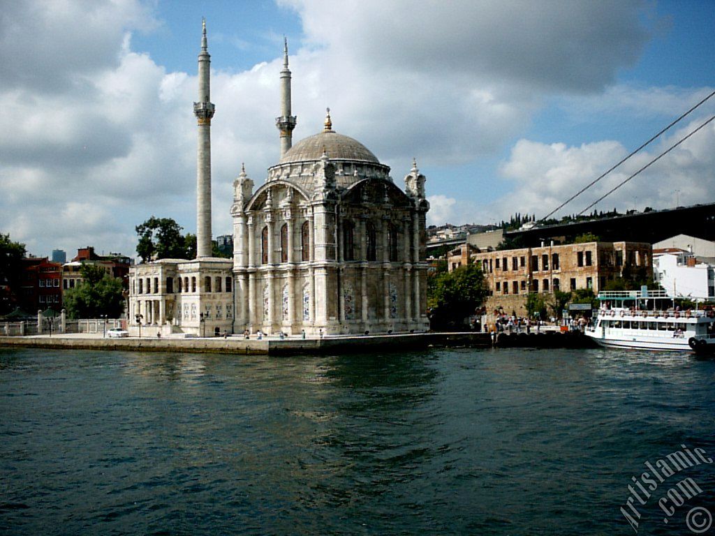 View of Ortakoy coast and Ortakoy Mosque from the Bosphorus in Istanbul city of Turkey.
