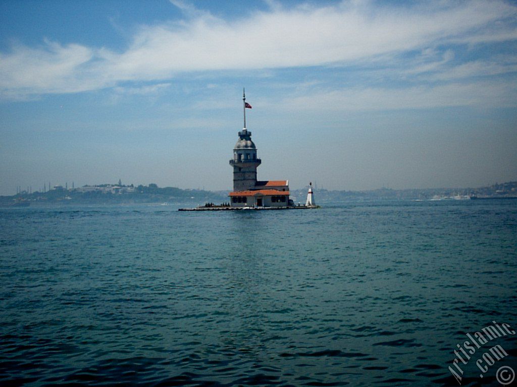 View of Kiz Kulesi (Maiden`s Tower) located in the Bosphorus from the shore of Uskudar in Istanbul city of Turkey.
