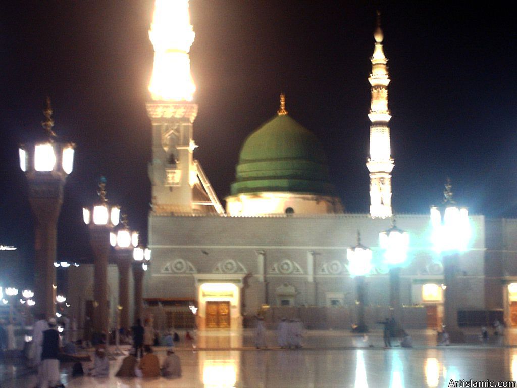 A nighttime view from the outside court of the Prophet Muhammad`s (saaw) Mosque (Masjed an-Nabawe) in Madina city of Saudi Arabia.
